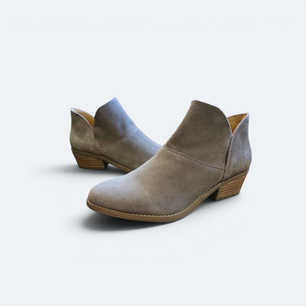 Lucky Brand Fahmida Taupe Suede Ankle Booties V Cut Slip On Heeled Boots 8 M